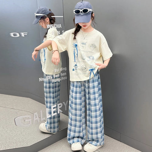 Girls Sketchy Graphic Tee & Plaid Culottes