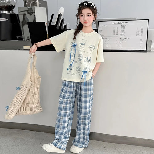 Girls Sketchy Graphic Tee & Plaid Culottes
