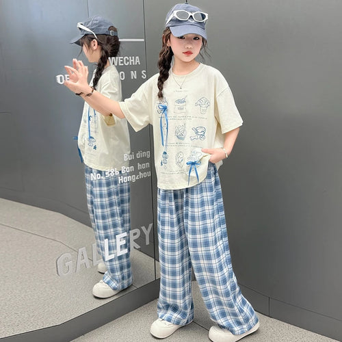 Girls Sketchy Graphic Tee & Plaid Culottes