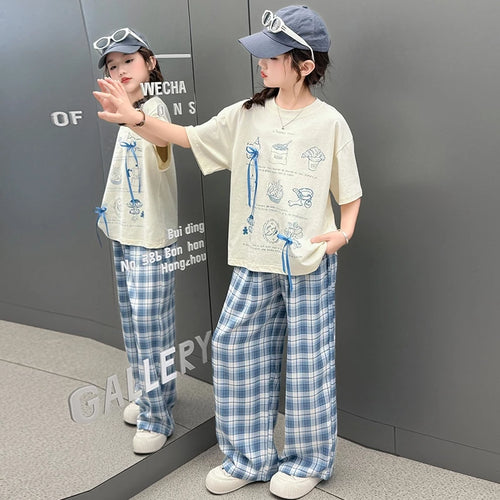 Girls Sketchy Graphic Tee & Plaid Culottes