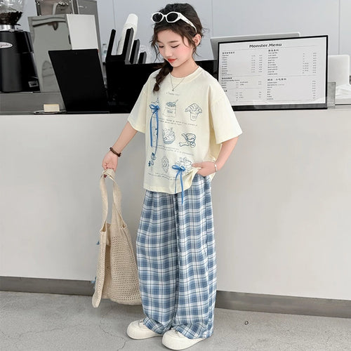 Girls Sketchy Graphic Tee & Plaid Culottes