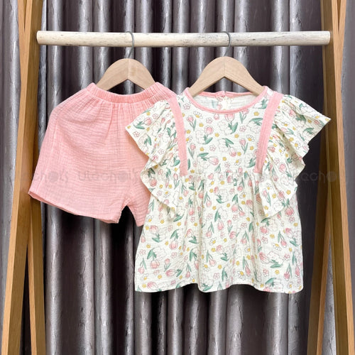Girls Floral Flutter Top & Shorts Set