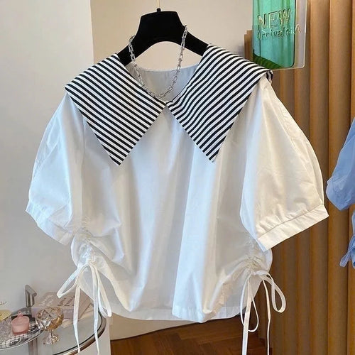 Nautical Stripe Collar Drawstring Blouse