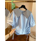 Nautical Stripe Collar Drawstring Blouse