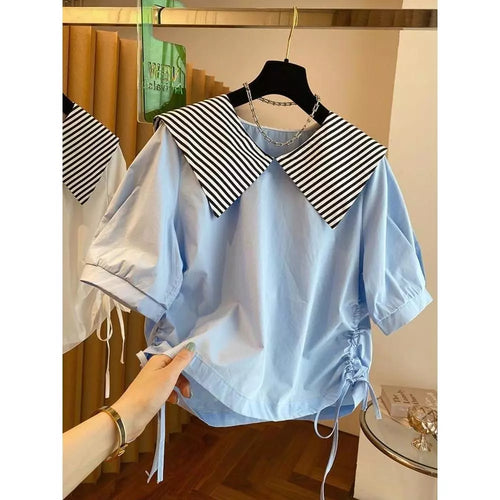 Nautical Stripe Collar Drawstring Blouse