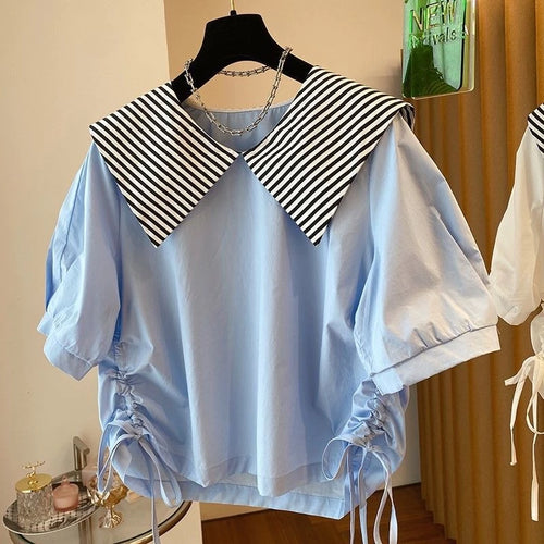 Nautical Stripe Collar Drawstring Blouse