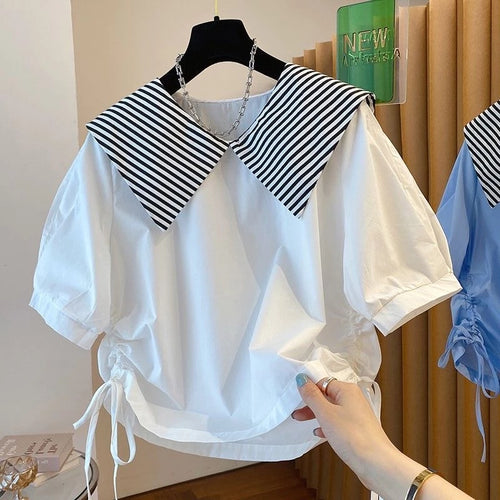 Nautical Stripe Collar Drawstring Blouse