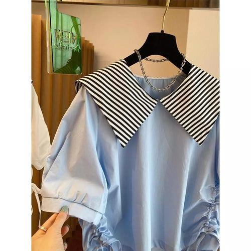 Nautical Stripe Collar Drawstring Blouse