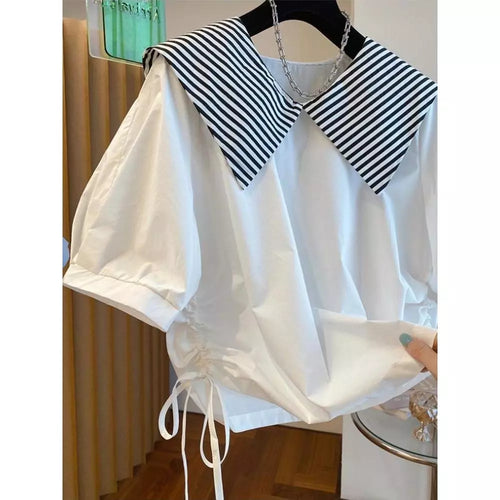 Nautical Stripe Collar Drawstring Blouse
