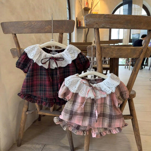 Lace Collar Plaid Romper & Shorts Set