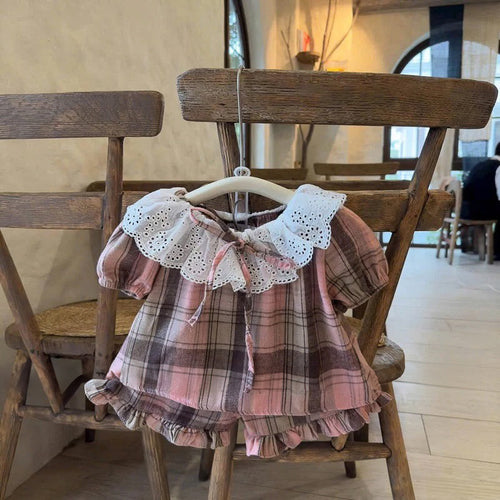 Lace Collar Plaid Romper & Shorts Set
