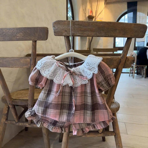 Lace Collar Plaid Romper & Shorts Set