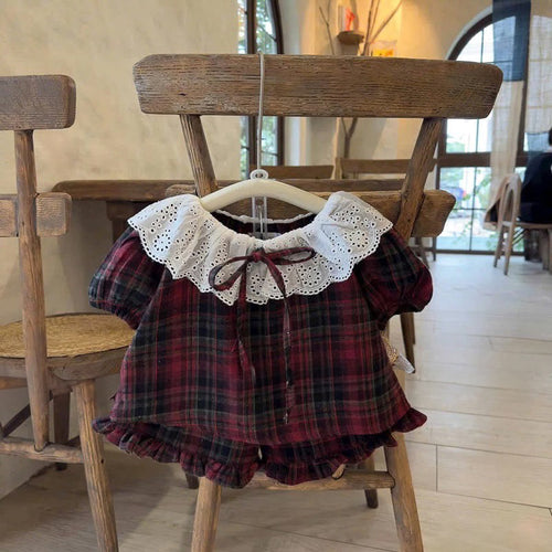 Lace Collar Plaid Romper & Shorts Set