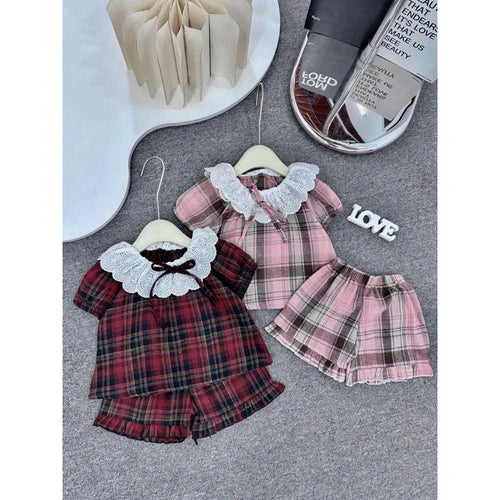 Lace Collar Plaid Romper & Shorts Set