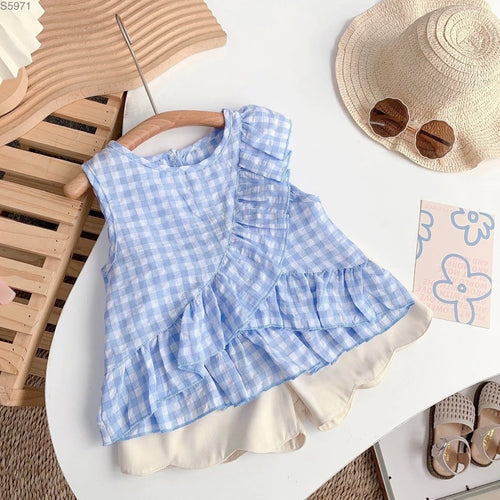 Blue Gingham Ruffle Top & Scalloped Shorts Set