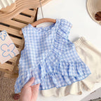 Blue Gingham Ruffle Top & Scalloped Shorts Set