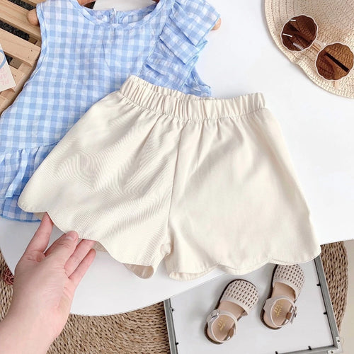 Blue Gingham Ruffle Top & Scalloped Shorts Set