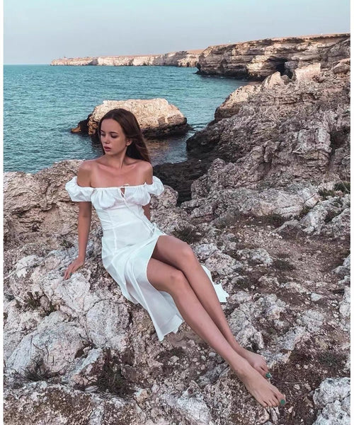Women Smocked Puff Short Sleeves A-line Midi Dress - Square Neck Cut Out Cotton Split Hem Midi Dress w/ buttons | For Wedding&Casual