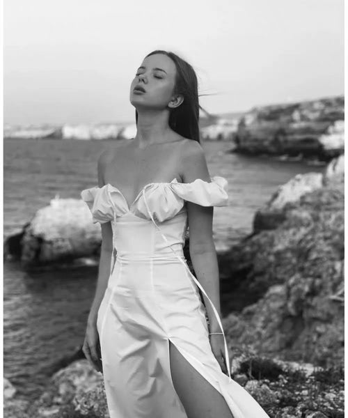 Women Smocked Puff Short Sleeves A-line Midi Dress - Square Neck Cut Out Cotton Split Hem Midi Dress w/ buttons | For Wedding&Casual