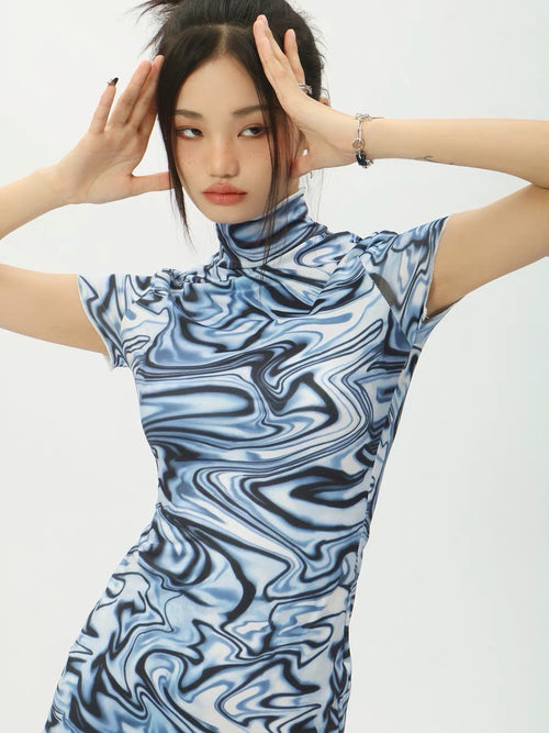 Cheongsam Style Chic Women Sleeveless Tie Dye Dress - Sexy Bodycon Style Cotton Mini Dress w/ Halter Neck & Tie Back | Elegant Basic Fashion Piece