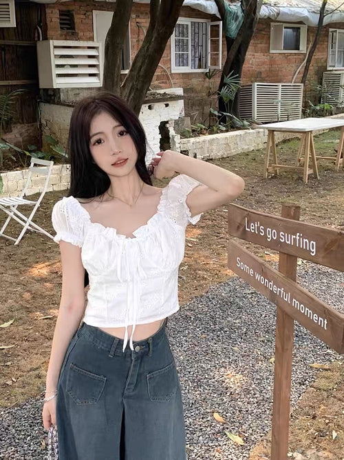 Elegant Women Puff Short Sleeves Crop Top - Square Neck Cut Out Cotton Blouse w/ Tie Front | Elegant Basic Fashion