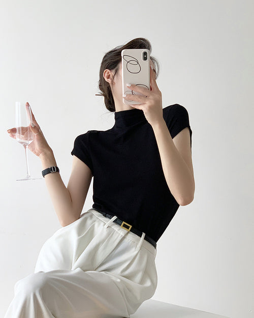 Women Black Funnel Neck Short Sleeves Crop Top – Knitted | Classic Basic Fashion Piece
