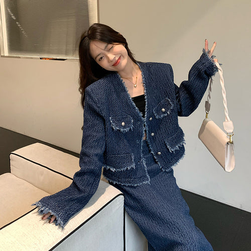 (Set 2 pieces) Denim Blazer Jacket & Midi skirt jeans- Trendy Single Breasted Outfit