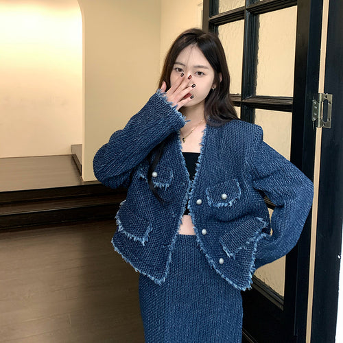 (Set 2 pieces) Denim Blazer Jacket & Midi skirt jeans- Trendy Single Breasted Outfit