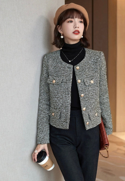 Women Tweed Cropped Blazer Jacket - Trendy Single Breasted Outfit w/ Yellow Buttons | High Quality Short Suit Top