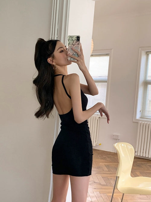 Chic Women Sleeveless Mini Dress - Stretchy Bodycon Style Cotton Mini Dress w/ Backless for Summer | Elegant Basic Fashion Piece