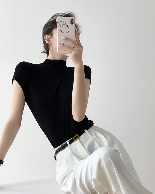 Women Black Funnel Neck Short Sleeves Crop Top – Knitted | Classic Basic Fashion Piece