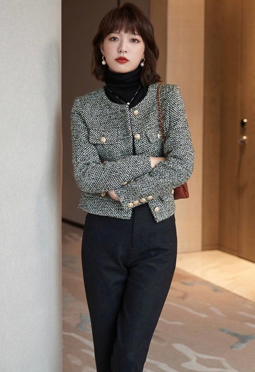 Women Tweed Cropped Blazer Jacket - Trendy Single Breasted Outfit w/ Yellow Buttons | High Quality Short Suit Top