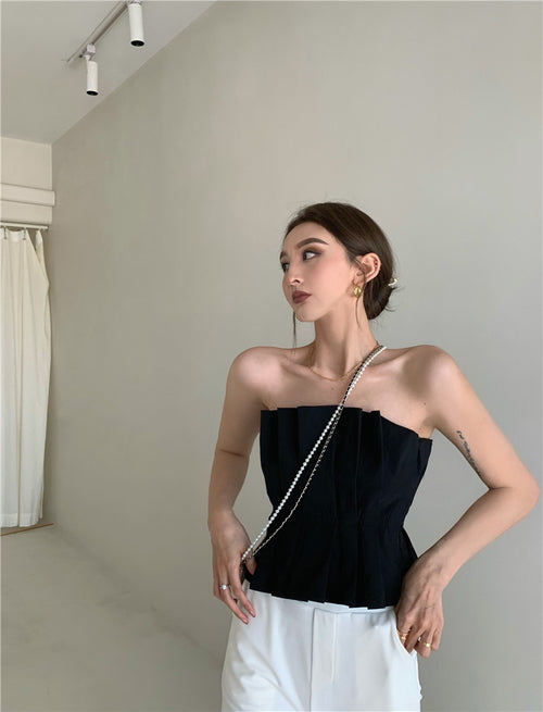 Women Sleeveless Tube Top - Strapless Pleated Cotton Tube Tops | Elegant Basic Fashion Piece
