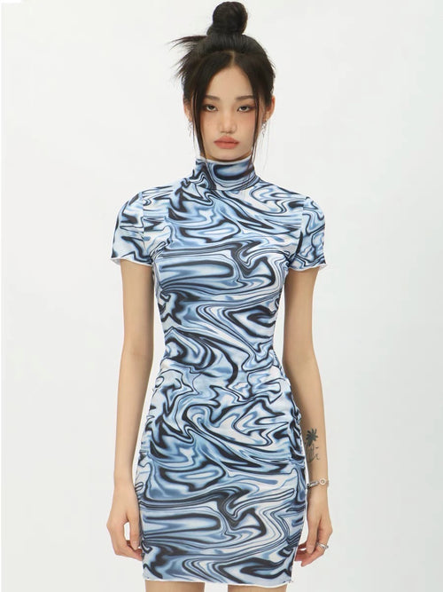 Cheongsam Style Chic Women Sleeveless Tie Dye Dress - Sexy Bodycon Style Cotton Mini Dress w/ Halter Neck & Tie Back | Elegant Basic Fashion Piece
