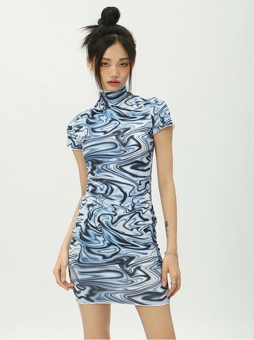 Cheongsam Style Chic Women Sleeveless Tie Dye Dress - Sexy Bodycon Style Cotton Mini Dress w/ Halter Neck & Tie Back | Elegant Basic Fashion Piece