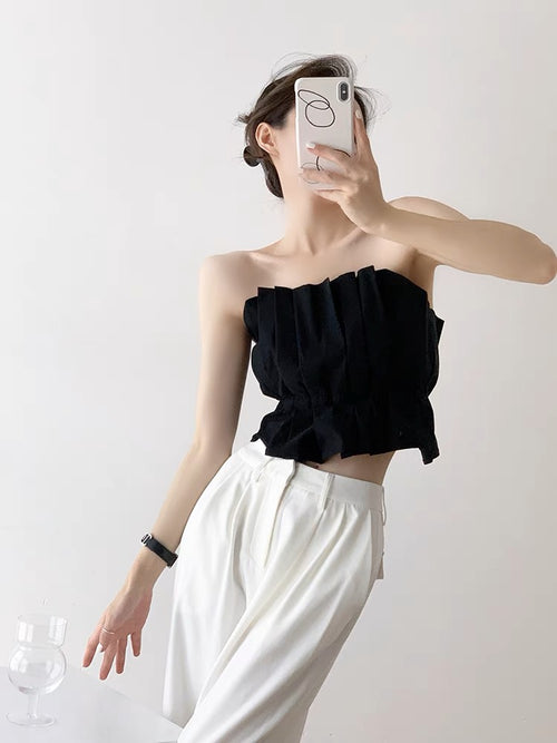 Women Sleeveless Tube Top - Strapless Pleated Cotton Tube Tops | Elegant Basic Fashion Piece
