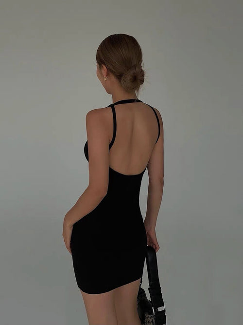 Chic Women Sleeveless Mini Dress - Stretchy Bodycon Style Cotton Mini Dress w/ Backless for Summer | Elegant Basic Fashion Piece