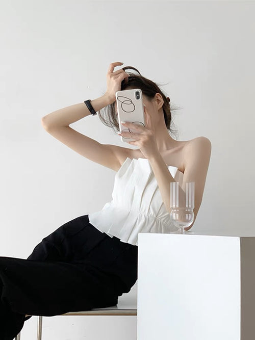 Women Sleeveless Tube Top - Strapless Pleated Cotton Tube Tops | Elegant Basic Fashion Piece