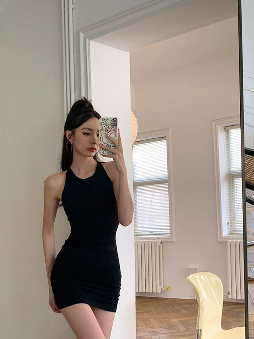 Chic Women Sleeveless Mini Dress - Stretchy Bodycon Style Cotton Mini Dress w/ Backless for Summer | Elegant Basic Fashion Piece