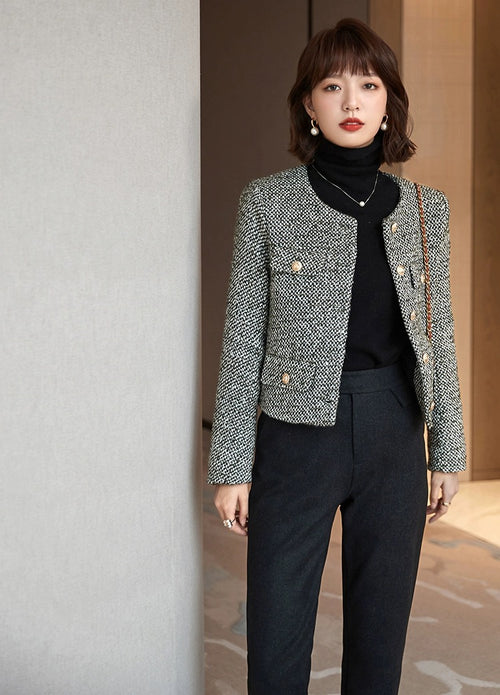 Women Tweed Cropped Blazer Jacket - Trendy Single Breasted Outfit w/ Yellow Buttons | High Quality Short Suit Top