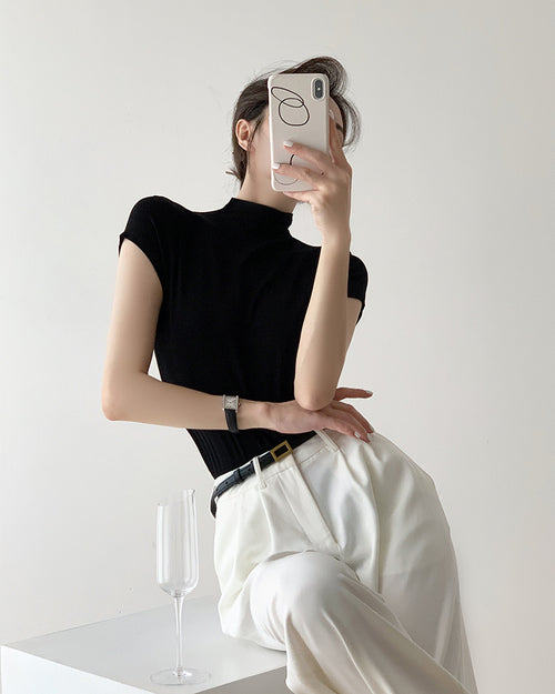 Women Black Funnel Neck Short Sleeves Crop Top – Knitted | Classic Basic Fashion Piece