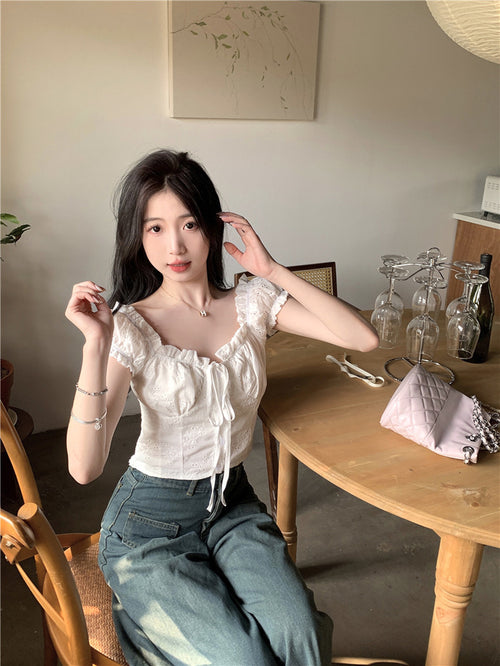 Elegant Women Puff Short Sleeves Crop Top - Square Neck Cut Out Cotton Blouse w/ Tie Front | Elegant Basic Fashion