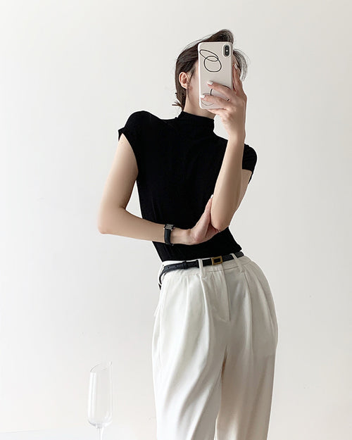 Women Black Funnel Neck Short Sleeves Crop Top – Knitted | Classic Basic Fashion Piece