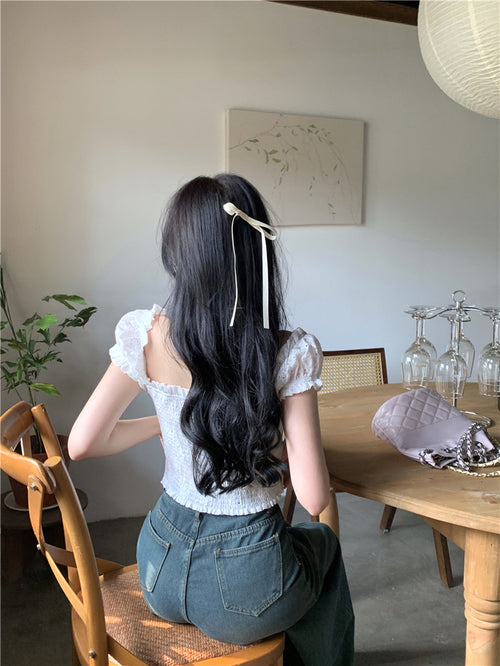 Elegant Women Puff Short Sleeves Crop Top - Square Neck Cut Out Cotton Blouse w/ Tie Front | Elegant Basic Fashion
