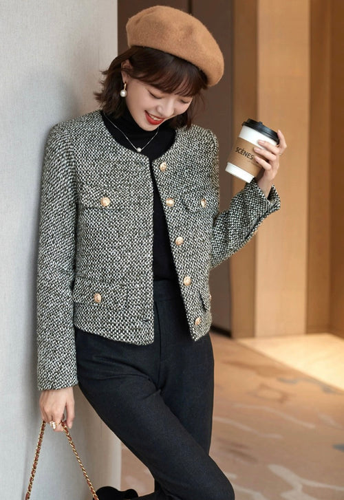 Women Tweed Cropped Blazer Jacket - Trendy Single Breasted Outfit w/ Yellow Buttons | High Quality Short Suit Top