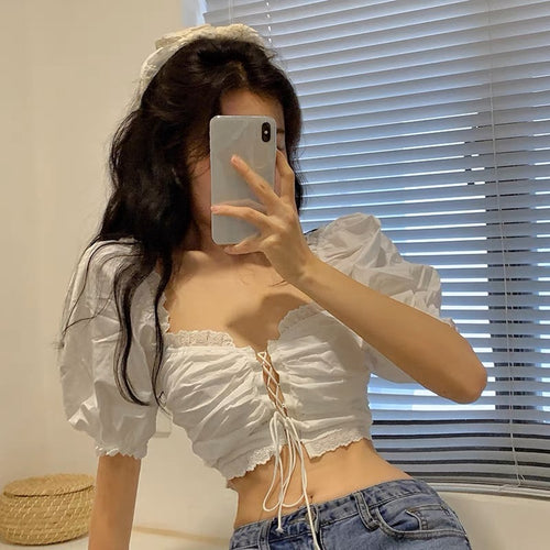 Women Puff Short Sleeves Crop Top - Sweetheart Neck Cut Out Cotton Blouse w/ Front Tie | Elegant Basic Fashion