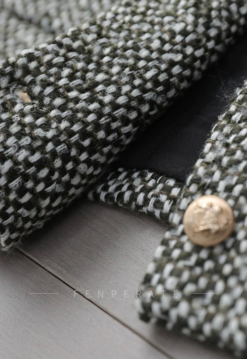 Women Tweed Cropped Blazer Jacket - Trendy Single Breasted Outfit w/ Yellow Buttons | High Quality Short Suit Top