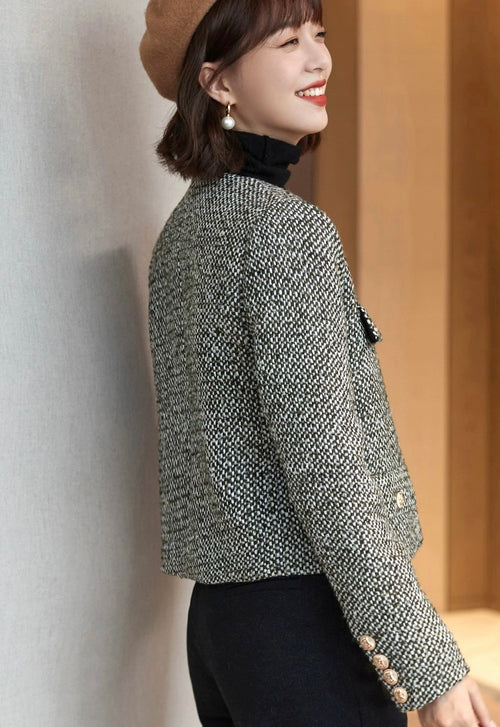 Women Tweed Cropped Blazer Jacket - Trendy Single Breasted Outfit w/ Yellow Buttons | High Quality Short Suit Top
