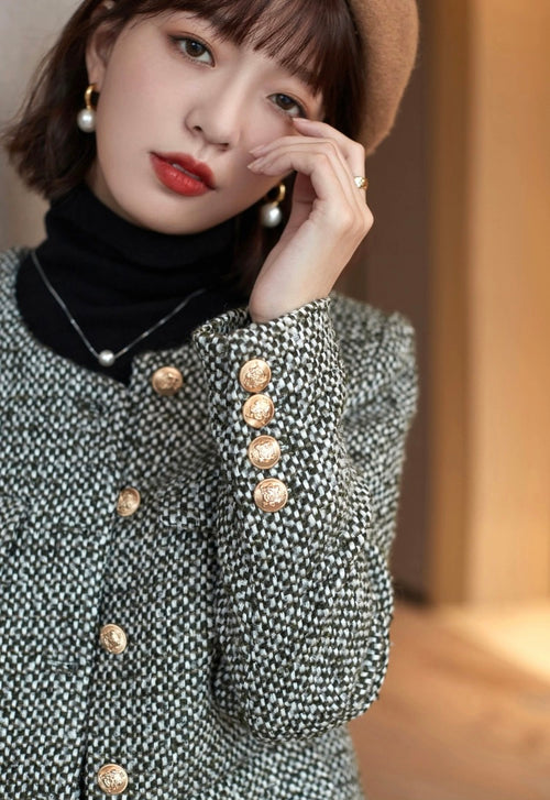 Women Tweed Cropped Blazer Jacket - Trendy Single Breasted Outfit w/ Yellow Buttons | High Quality Short Suit Top