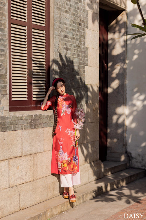 Ao Dai Elegant Midi Dress in Shiny Silk - Floral Dress Blouson for Casual | Wedding Guest Dress Ao Dai